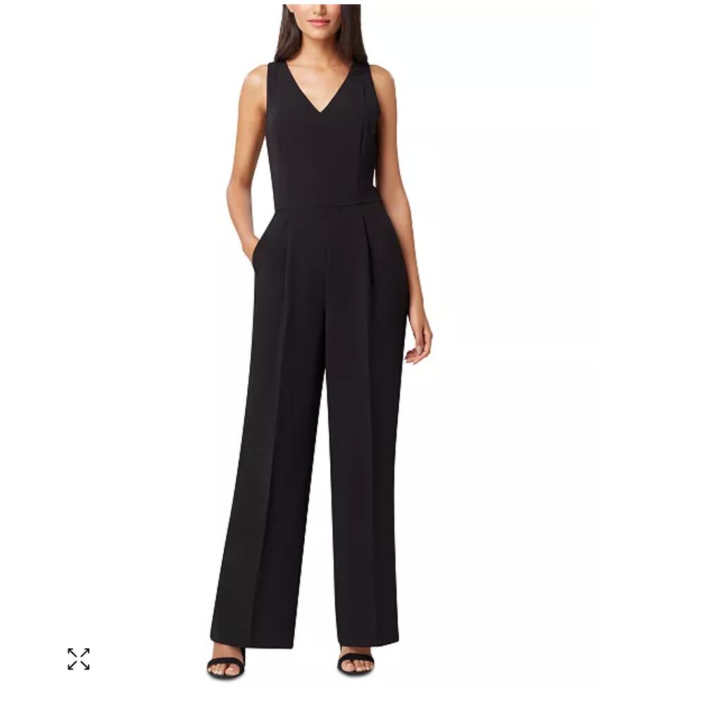 Tahari ASL Sleeveless Tuxedo Jumpsuit with Satin Detail – Black – Size 14